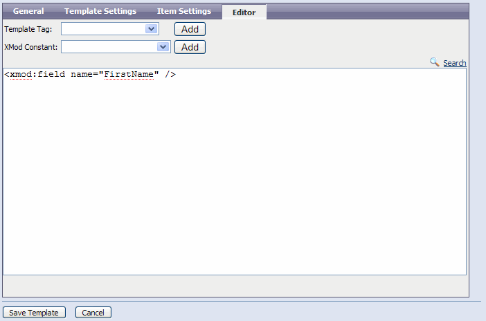XMod Editor with the XMod Field Tag Inserted