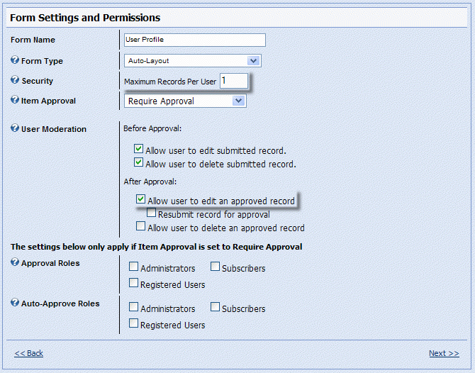 Form Settings for User Profile Data Entry Form