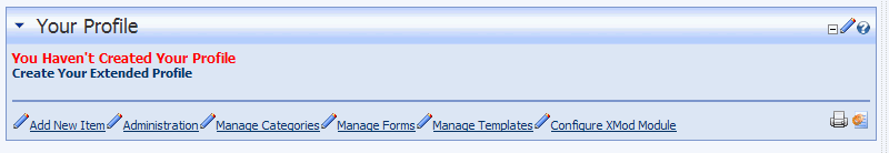 Admin view of Your Profile module with no profile yet created.