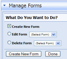 Select the Create New Form Option and Click the "Create New Form" Link