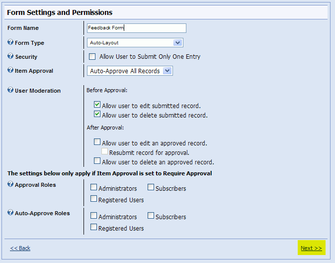 Form Settings for Feedback Form