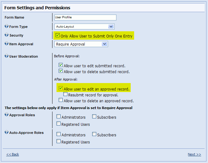 Form Settings for User Profile Data Entry Form