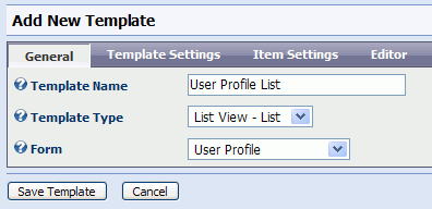 Name the template: User Profile List, select List View - List as the Template Type, and select User Profile in the Form Fields list box.