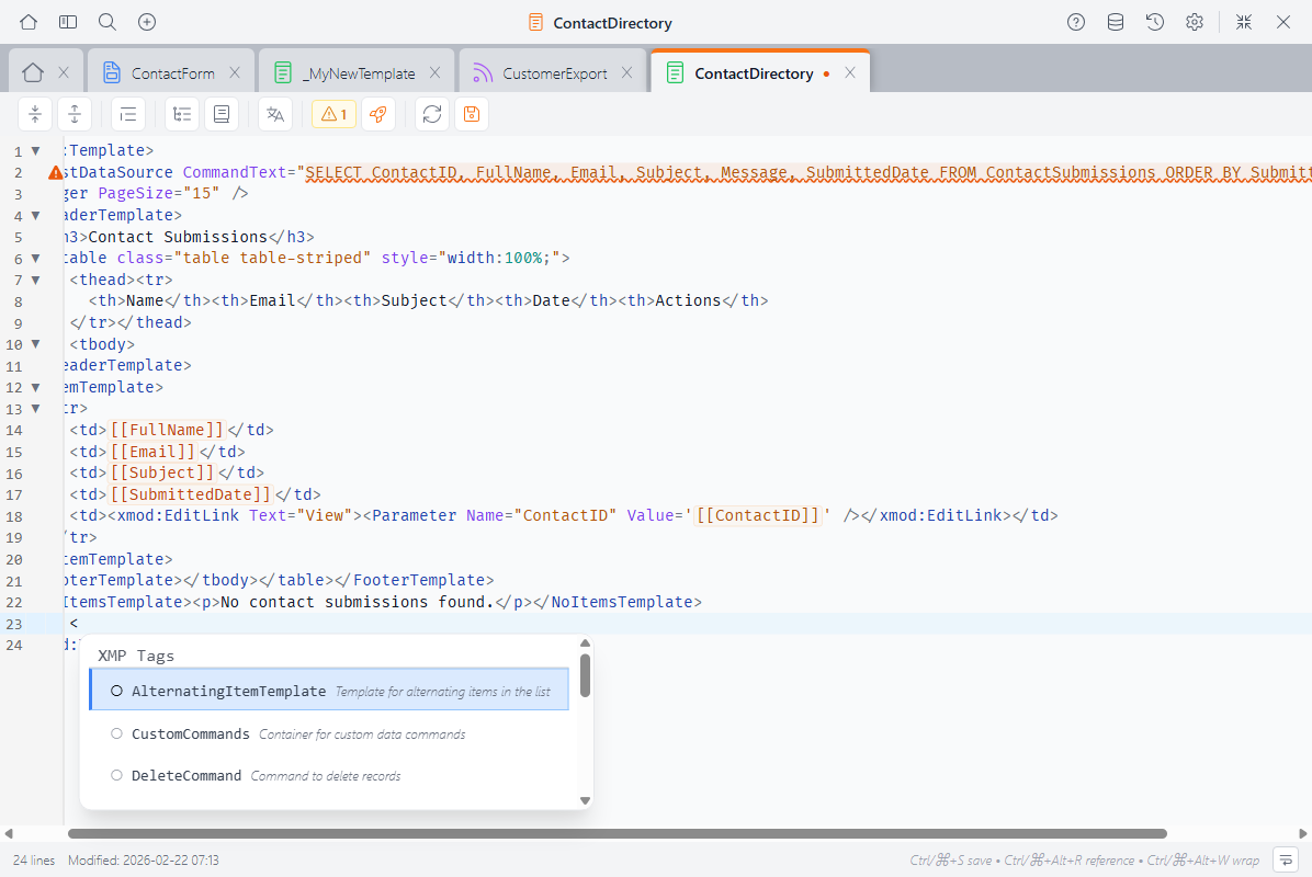 Autocomplete popup showing context-aware XMP tag suggestions including AlternatingItemTemplate, CustomCommands, and DeleteCommand