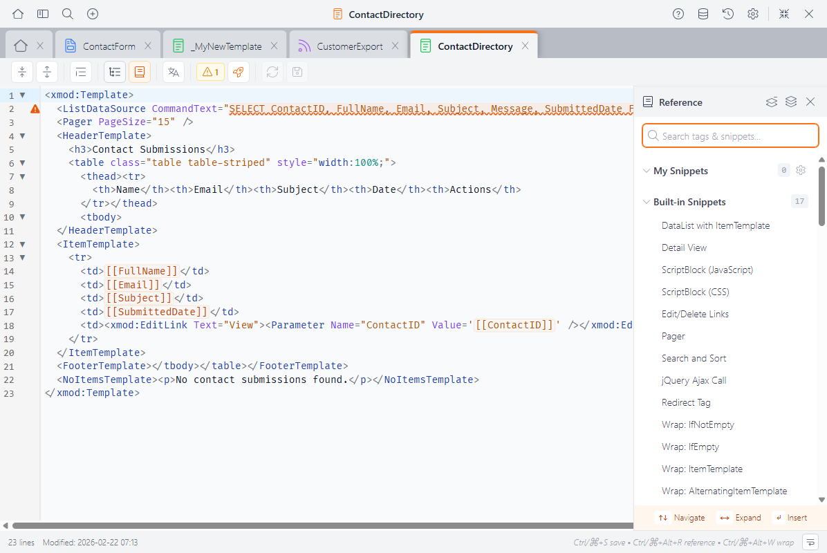 Reference Panel sidebar showing searchable tag reference with snippets