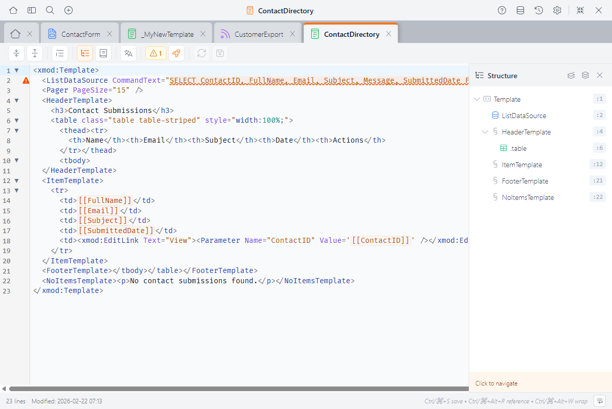 Structure Navigator sidebar showing the view's outline with Template, ListDataSource, HeaderTemplate, ItemTemplate, FooterTemplate, and NoItemsTemplate sections with line numbers