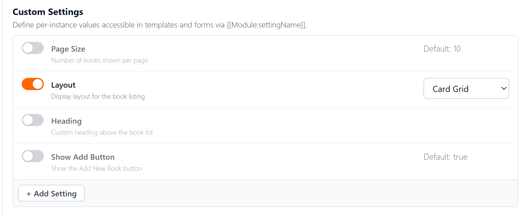 Custom Settings section
