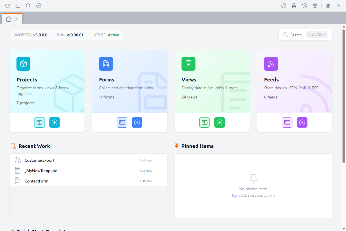 The XMod Pro Control Panel showing the Dashboard with resource cards, recent work, and pinned items