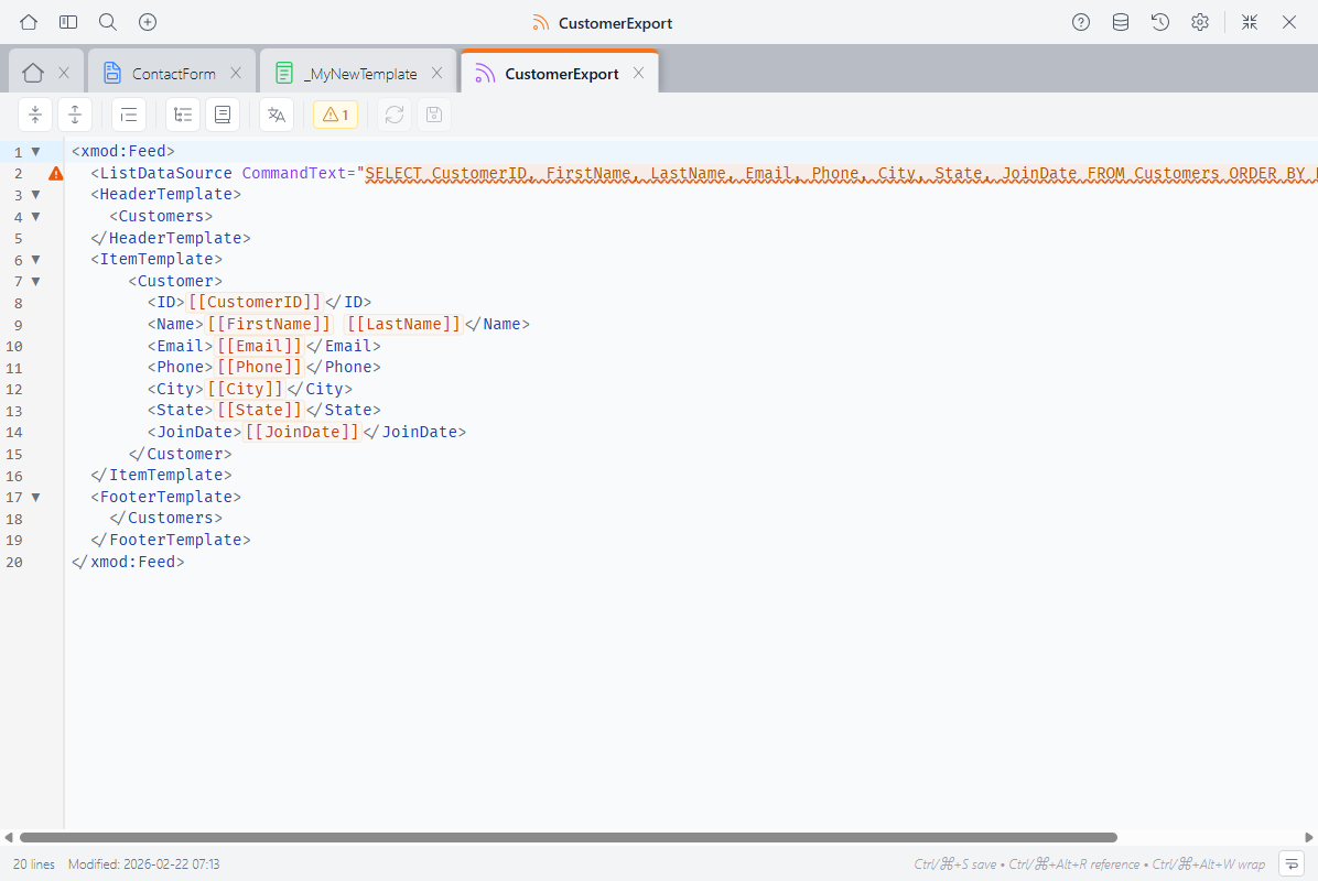 Multiple editor tabs open showing a blue form tab (ContactForm), green view tab (_MyNewTemplate), and orange feed tab (CustomerExport)