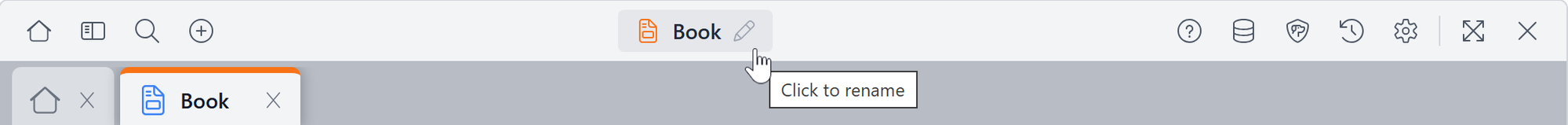 The Control Panel toolbar showing an active resource named 'Book' centered between the left and right toolbar groups, with a tooltip reading 'Click to rename'