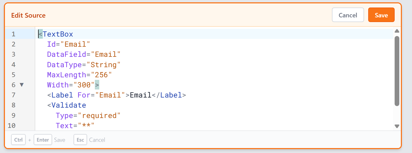 Edit Source editor showing a TextBox control's markup with attributes and child tags