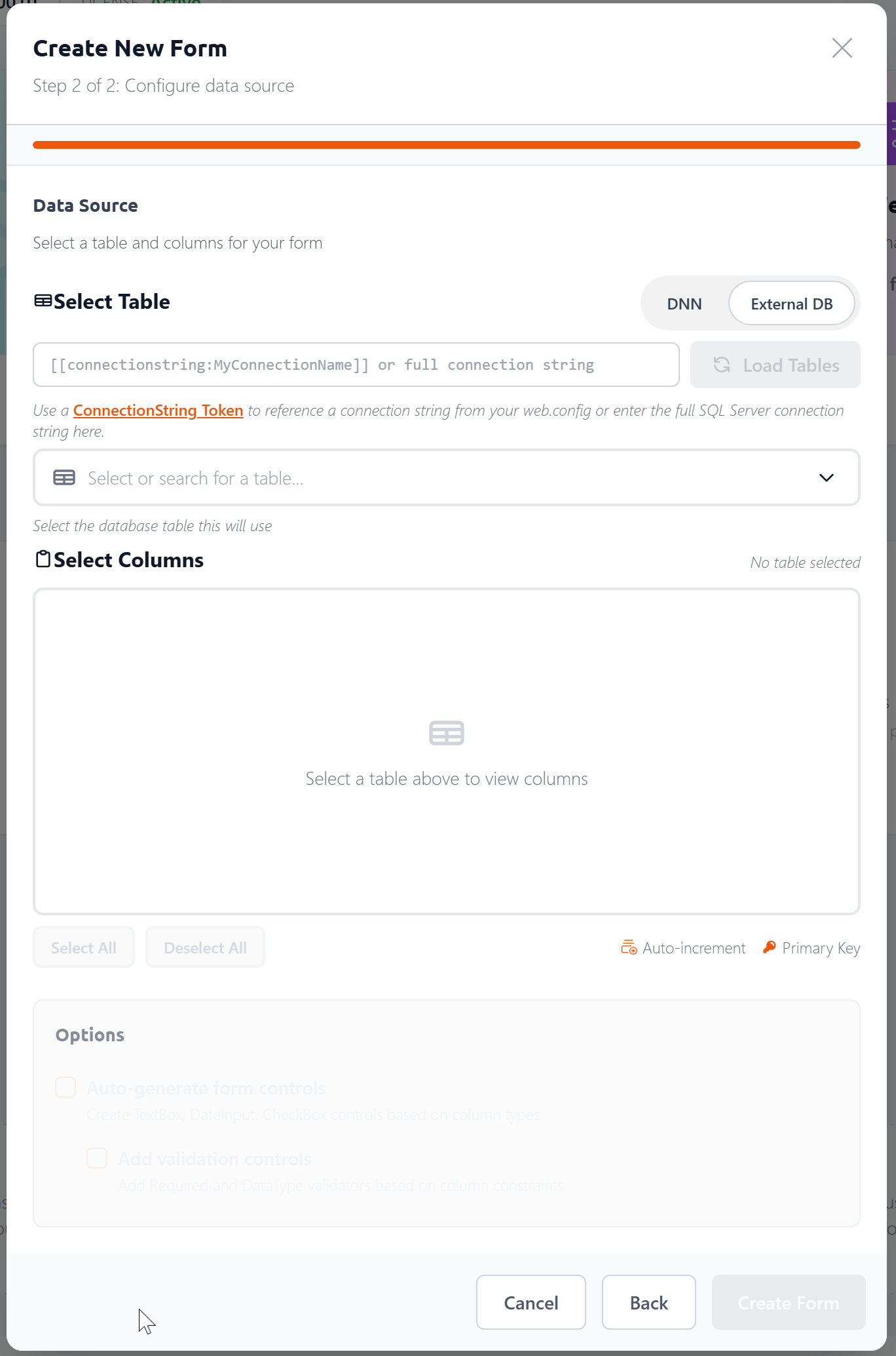 External DB option showing the connection string field and Load Tables button