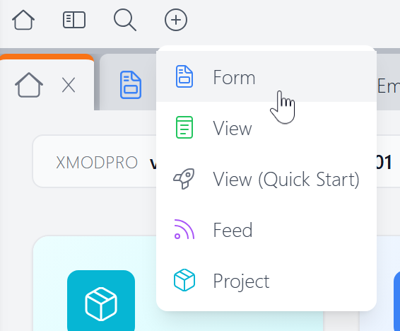 The + menu in the Control Panel toolbar showing Form, View, View (Quick Start), Feed, and Project options