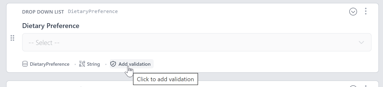 A DropDownList control on the canvas showing the 'Add validation' link