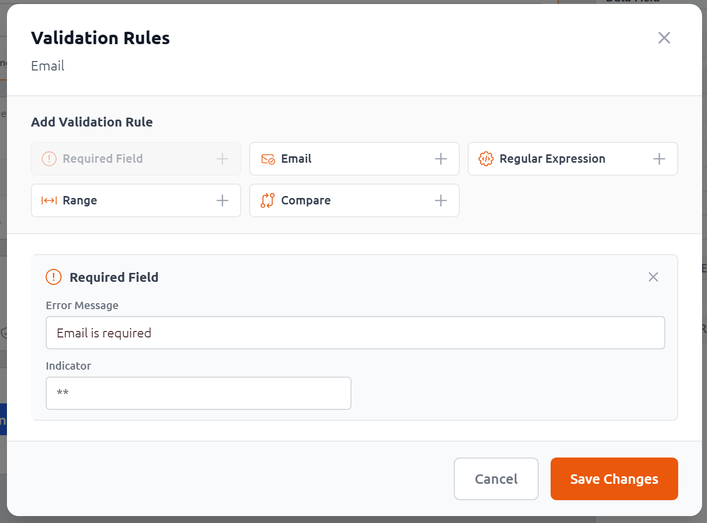 Validation Rules dialog showing the five rule types and a configured Required Field rule with error message and indicator