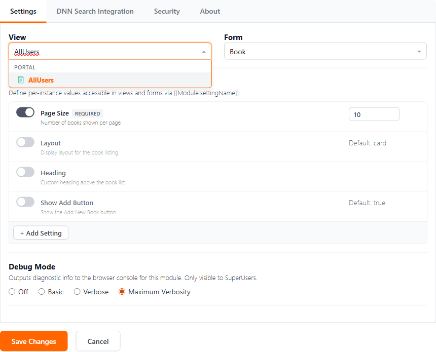 The module settings Settings tab, selecting AllUsers from the View dropdown