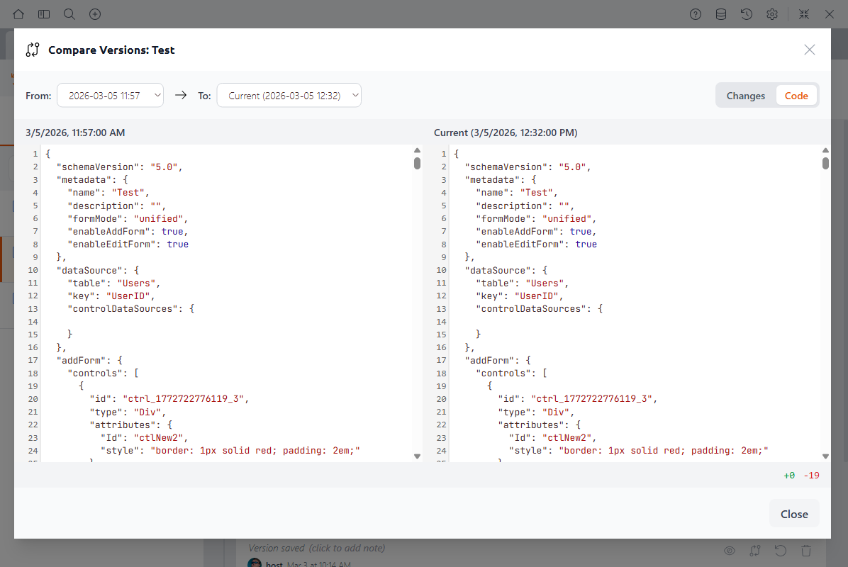 Side-by-side code diff showing two versions with line numbers, synchronized scrolling, and a diff summary showing lines added and removed
