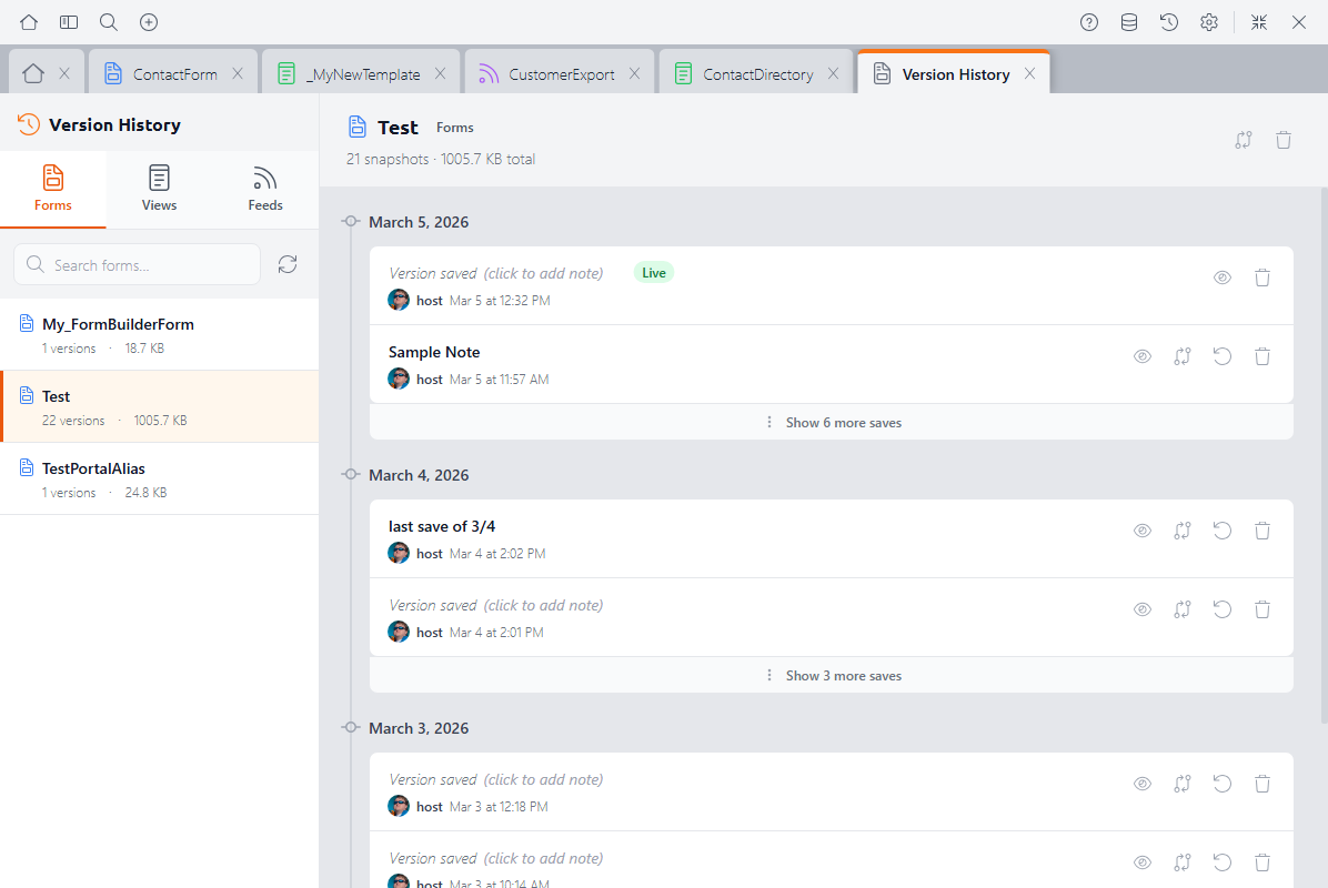 Version timeline for a form showing versions grouped by date with Live badge, user avatars, notes, and action buttons for view, compare, restore, and delete
