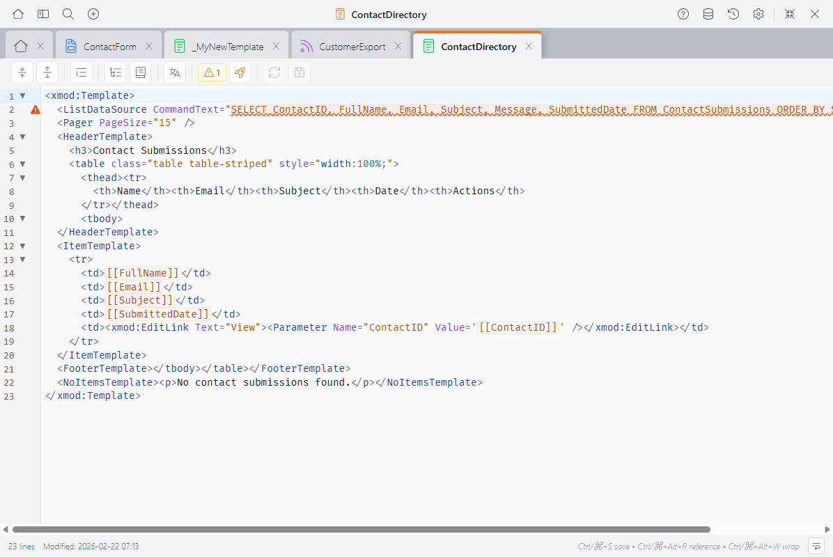 The View Editor showing a view with syntax-highlighted XMP code, tokens in orange, and the editor toolbar