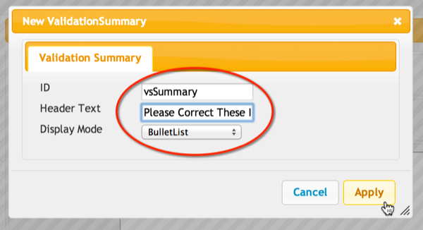 Validation Summary tag designer