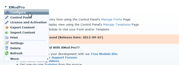 XMod Pro Configure Menu in DNN 5