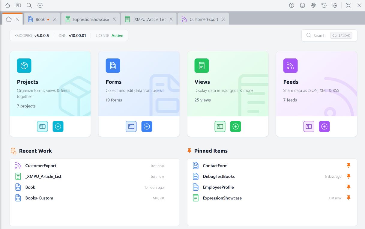 The XMod Pro 5 Control Panel dashboard showing Projects, Forms, Views, and Feeds resource cards alongside Recent Work and Pinned Items panels.